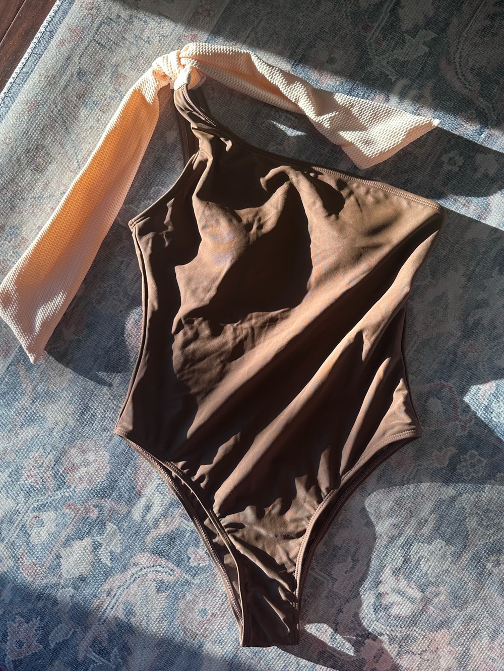 One-Shoulder Brown Swimsuit with Cream Tie Strap Size Medium New